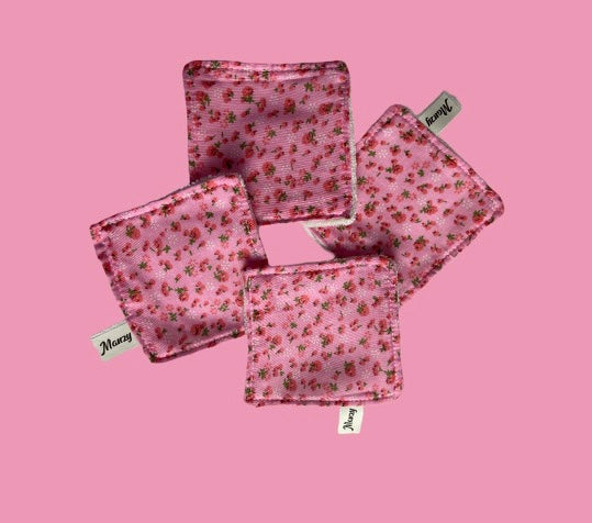 DISCOS DESMAQUILLANTES ESTAMPADO FLORES Y FONDO ROSA